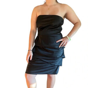 JS Collection Black Satin Strapless Dress Tiered Skirt Knee Length Size 10